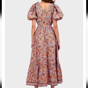 Cleobella Karena Ankle Dress Asilah Print  Floral Puff Sleeve Dress Keyhole SZ M